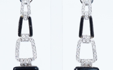 Pair of 18-Karat White-Gold, Diamond and Black Onyx Pierced Pendant Earrings, Total weight of diamonds: 3.40 carats; Total gross weight: 14.1 dwt; Length: 2-7/8 in (7.3 cm)