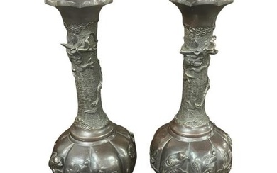 Pair of 19C Japanese Bronze Vases 32cm H