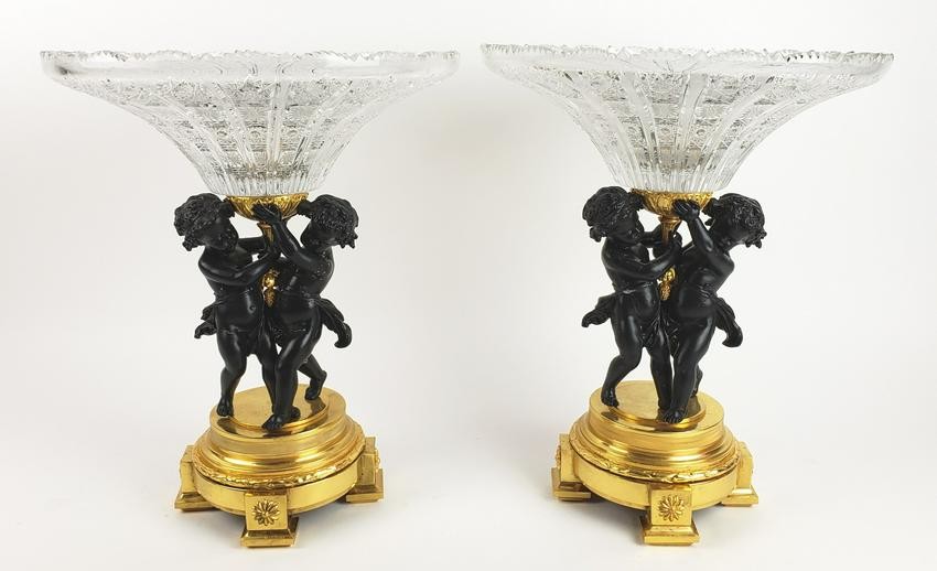 Pair of 19th C. Gilt & Patinated Bronze & Crystal