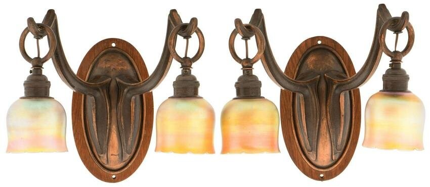Pair of Arts & Crafts Two-Light Sconces with Steuben