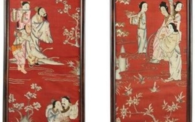 Pair of Chinese Red Silk Framed Panels