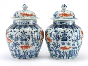Pair of Chinese blue and white and iron red porcelain vases ...