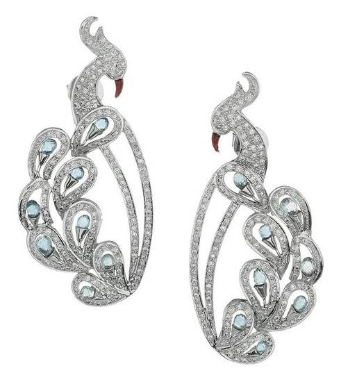 Pair of Diamond and Aquamarine "Peacock" Earrings