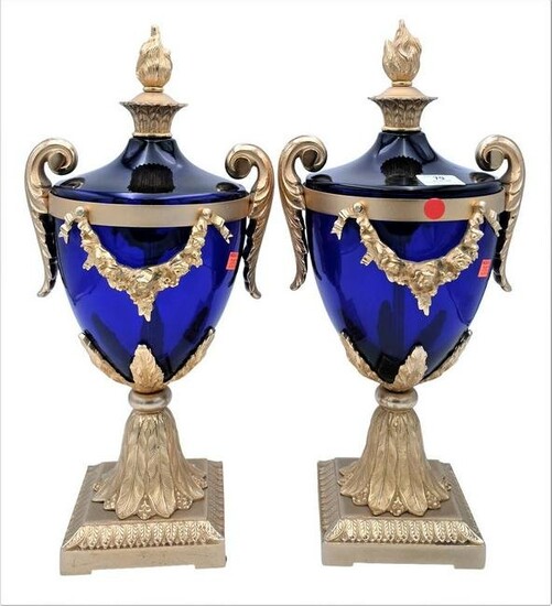 Pair of French Style Urns, cobalt blue glass with
