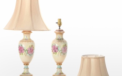 Pair of Hand-Painted Ceramic Table Lamps with Silk Shades
