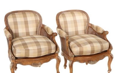 Pair of Louis XV Style Upholstered Bergères with Woven Cane Sides