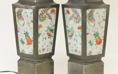 Pair of Porcelain Tile and Metal Lamps