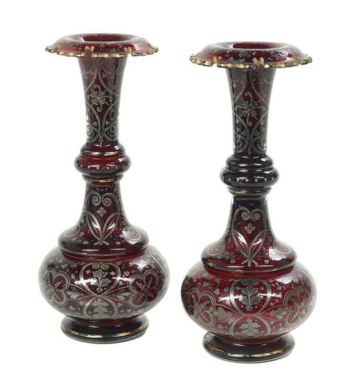 Pair of Unusual Silver Deposit Ruby Glass Vases