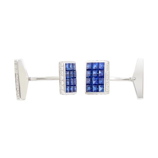 Pair of White Gold, Invisibly-Set Sapphire and Diamond Cufflinks