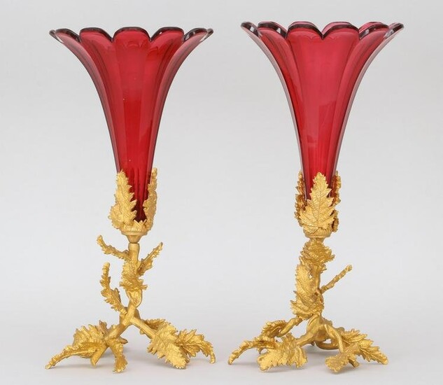 Pair of gilt bronze trumpet vases