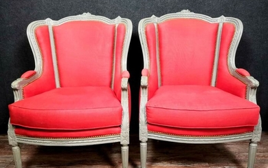 Pair of large armchairs - Louis XV style - Lacquered wood, upholstery redone - Second half 19th century