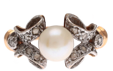 Pearl and diamonds ring, mid 20th Century.
