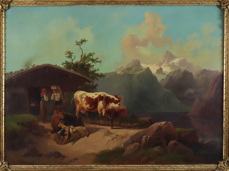 Peintre de genre allemand - milieu du 19e siècle - Paysage de montagne idyllique avec...