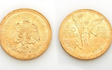 Pièce de cinquante pesos en or. Diam. : 3,7 cm. Poids : 41,68 g.