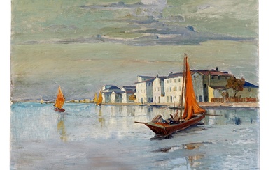 Pietro Fragiacomo (Venezia, 1856 - 1922) [attribuito a], Riflessi in laguna.