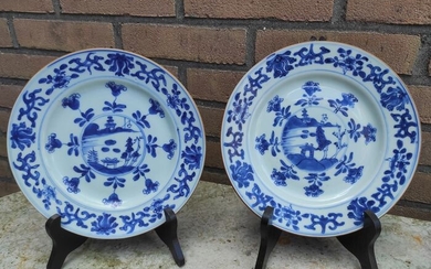 Plates (2) - Blue and white - Porcelain - landscape floral - China - Kangxi (1662-1722)