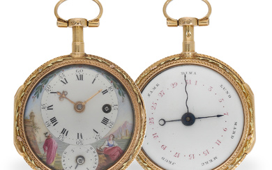 Pocket watch: rarity, double-sided verge watch with enamel painting and rare calendar, ca. 1760