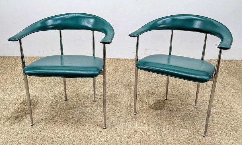 Pr Italian Modernist Chrome Frame Arm Lounge Chairs. A