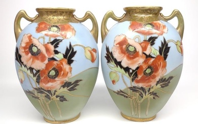 Pr of Nippon Poppy Decorated Twin Handle Vases