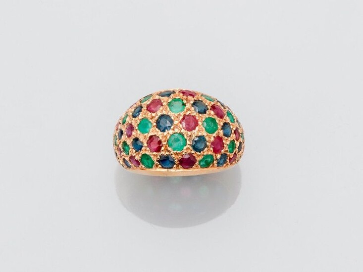 Pretty yellow gold ring " Boule ", 750 MM, covered with emeralds, sapphires and round rubies, nice way, nice colors, width 14 mm, height 7 mm, , size : 51, weight : 6,2gr. gross.