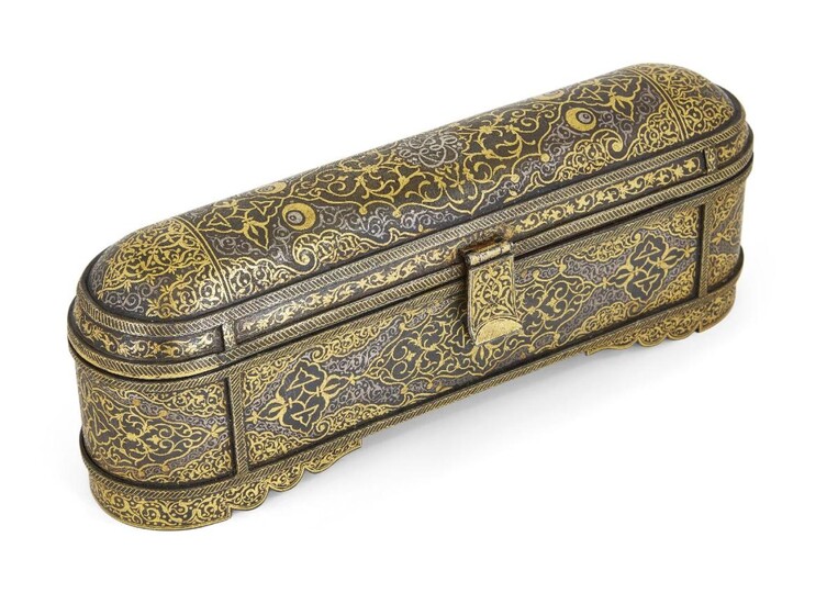 Property from an Important Private Collection A damascened steel scribe's box, Turkey, 20th century, of domed form on bracket feet, densely decorated to lid and sides with scrolling vegetal designs, the interior with inkwell with fitted lid...