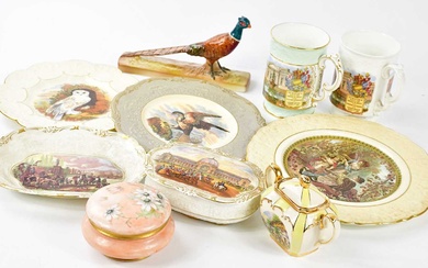 ROYAL CAULDON; seven pieces of assorted ceramics, with Prattware scenes...