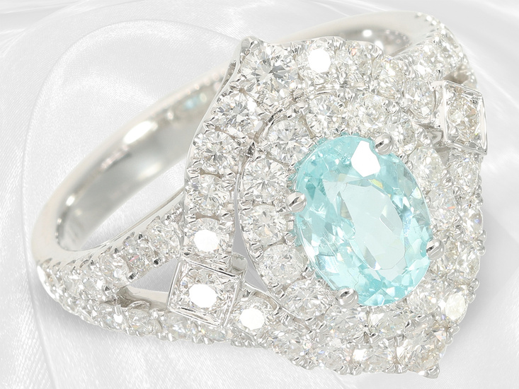 Ring: like new brilliant-cut diamond ring with precious Paraiba tourmaline