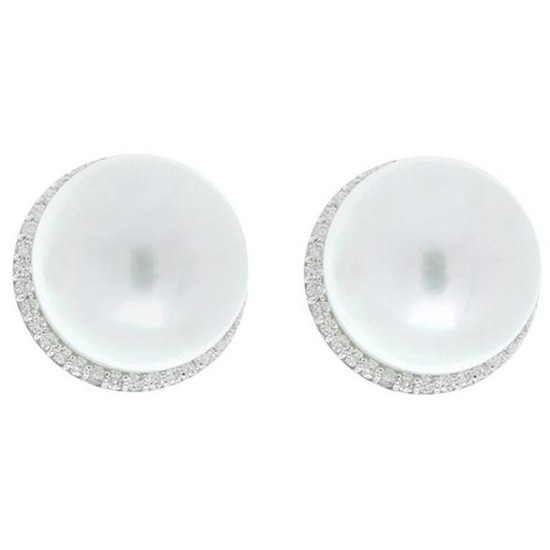 Round South Sea White Pearl and Diamond Earrings in 18
