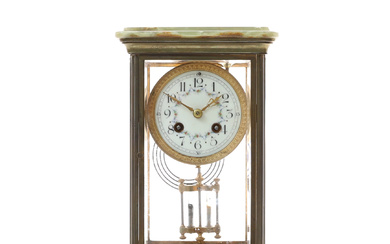 S. MARTI & CO: A FRENCH GREEN ONYX MARBLE AND BRASS FOUR GLASS MANTEL CLOCK, CIRCA 1900.