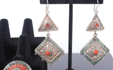 STERLING, TURQUOISE & CORAL TIBETAN JEWELRY SET