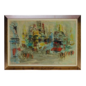 Satya Oil Painting on Board of Abstract Cityscape