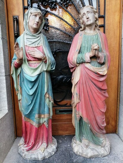 Sculpture, 124 cm - polychrome Mary with Apostle John, Calvary (2) - Gothic Style - Plaster - Second half 19th century
