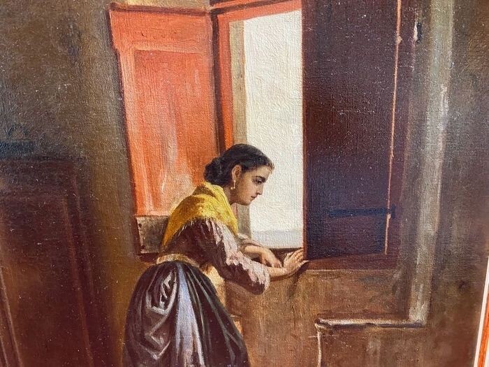 Scuola Italiana (XIX) - Ritratto di donna alla finestra