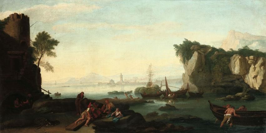 Scuola del XVIII secolo, Veduta di porto con pescatori