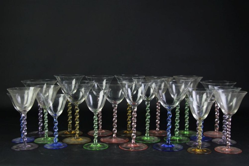 Set Of 23 1950s Twisted Stem Cocktail Glasses