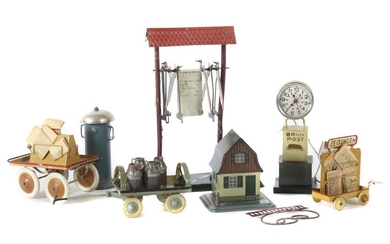 Set of platform accessories Kibri: 1 x ladder wagon with Michkannen, 41/00, BZ 1930s, m. 4 jugs (3 lids missing), l: 10 cm; 1 x newspaper wagon 60/4 1/4, BZ 1929-39, w. newspapers, lxh 6/8 cm, 1 wheel erg.; 1 x newspaper wagon 60/3 1/2, BZ 1930s, m...