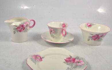 Shelley bone china part tea service, Art Deco shape with pink and grey rose pattern