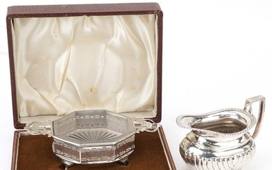 Silver items comprising butter dish with twin handles and kn...