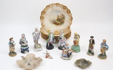 Six Royal Worcester cabinet plates, 1894, each with blush ivory ground, the centres painted with scnes of Bathwell Castle, Johnny Armstrong's Tower, On the Avon, Ann Hathaway's Cottage, Loch Lomand and one signed James Thomson, 22cm diameter;...