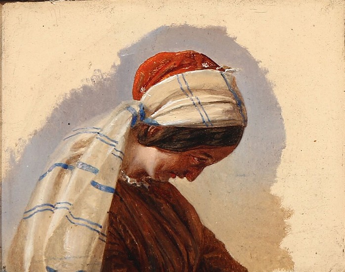 Sophus Schack: “Kunstnerens hustru”. The artist's wife. Unsigned. Oil on paper laid on cardboard. 11×14 cm.