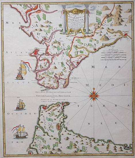 Spain, Straat van Gibraltar, Cádiz; Erven Homann - Carte Nouvelle de l'Isle de Cadix & du Detroit de Gibraltar - ca. 1757