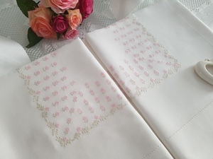 Spectacular 100% pure linen double bed sheet with handmade satin stitch embroidery.