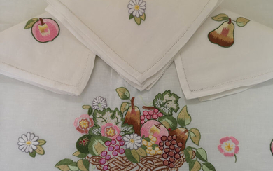 Spectacular Tablecloth x12 Handmade Full Stitch - 270 x 175 cm - Linen - 21st century
