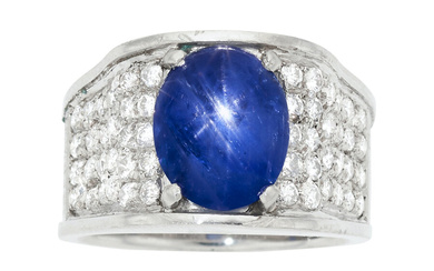 Star Sapphire, Diamond, Platinum Ring Stones: Star sapphire cabochon;...