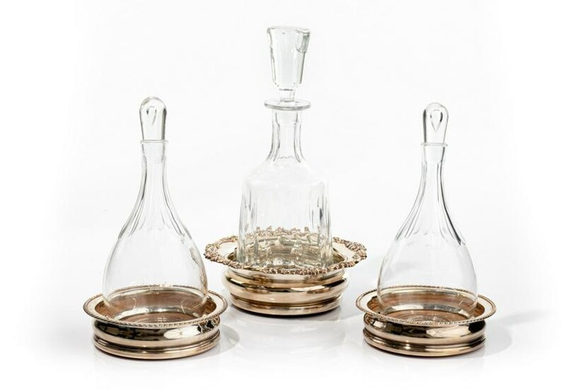 THREE SILVERPLATE COASTERS WITH GLASS DECANTERS