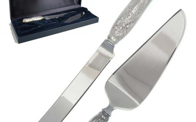TIFFANY REPOUSSE STERLING SILVER CHRYSANTHEMUM CAKE KNIFE & PIE SERVER SET Tiffany & Co Repousse