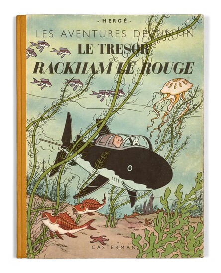 TINTIN N°12 Le Trésor de Rackham le rouge Casterman, 1945. Dos jaune, 4e plat A24, pages de garde bleu foncé, titre en rouge pa...
