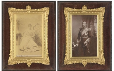 T.R.H. Prince George, Duke of York, later King George V and Princess Mary of Teck, later H.M. Queen Mary, cabinet cards, the image of Mary of Teck signed in ink Victoria Mary / 1899 with her signature flourish between autograph and date, the mount...