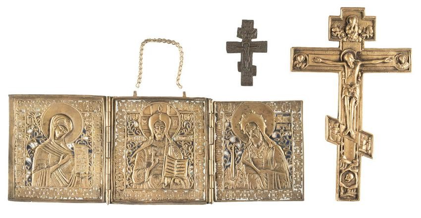 TWO BRASS CRUCIFIXES AND A TRIPTYCH SHOWING DEISIS