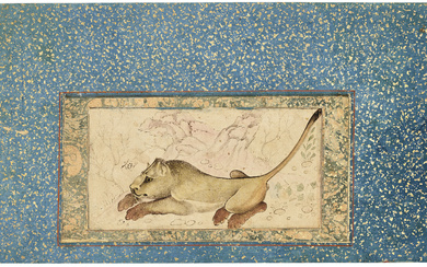 TWO DEPICTIONS OF CROUCHING LIONS ONE SIGNED MUHAMMAD HASHIM, SAFAVID...